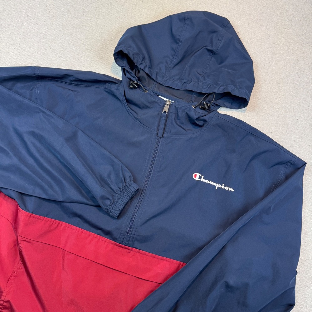 Champion Large Windbreaker Men Navy Blue Red Colorblock Half Zip Hooded V1016